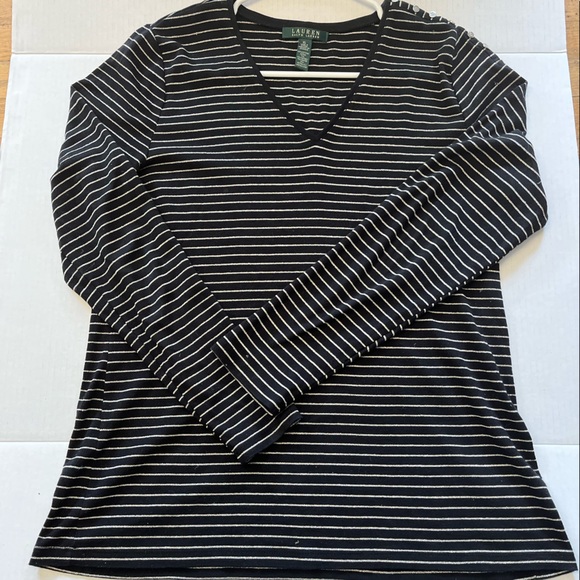 Lauren by Ralph Lauren  Long Sleeve V-neck Shirt with Metallic Stripes Size XL - Picture 2 of 7